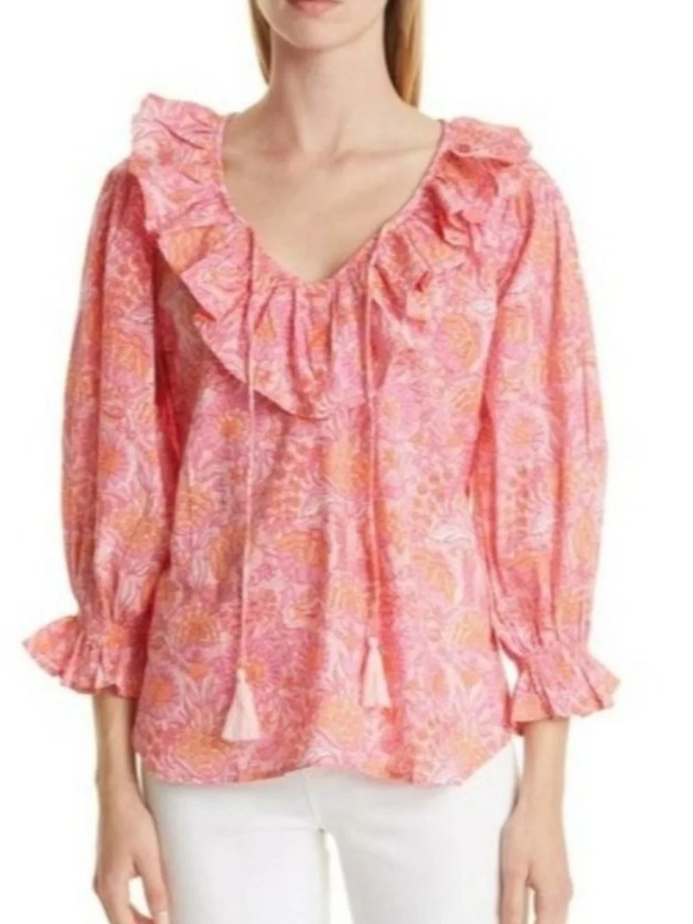 Anthropologie Mille May Red Zinnia Floral Print Ruffle Tie Neck Blouse - XXS +